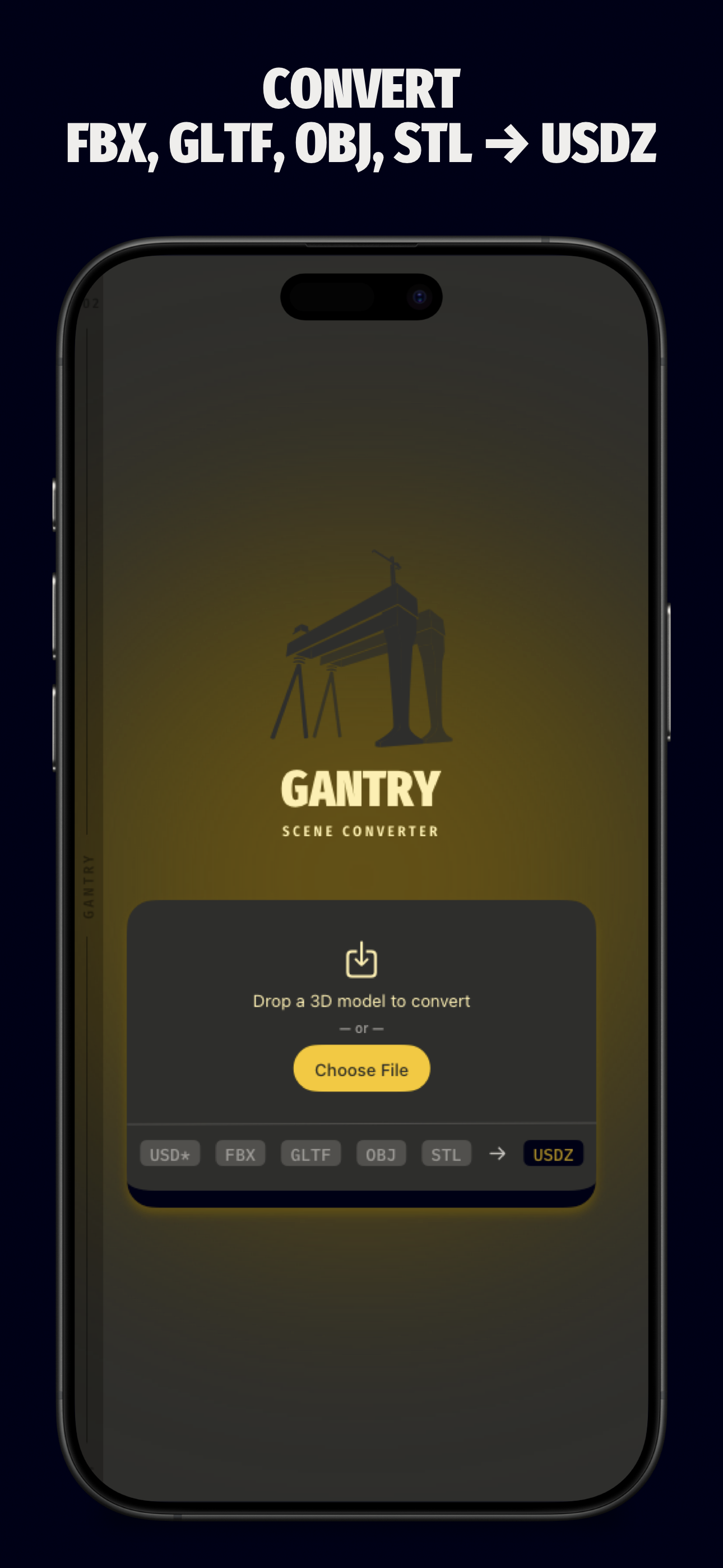 Gantry on iPhone showing the format chips converting to USDZ