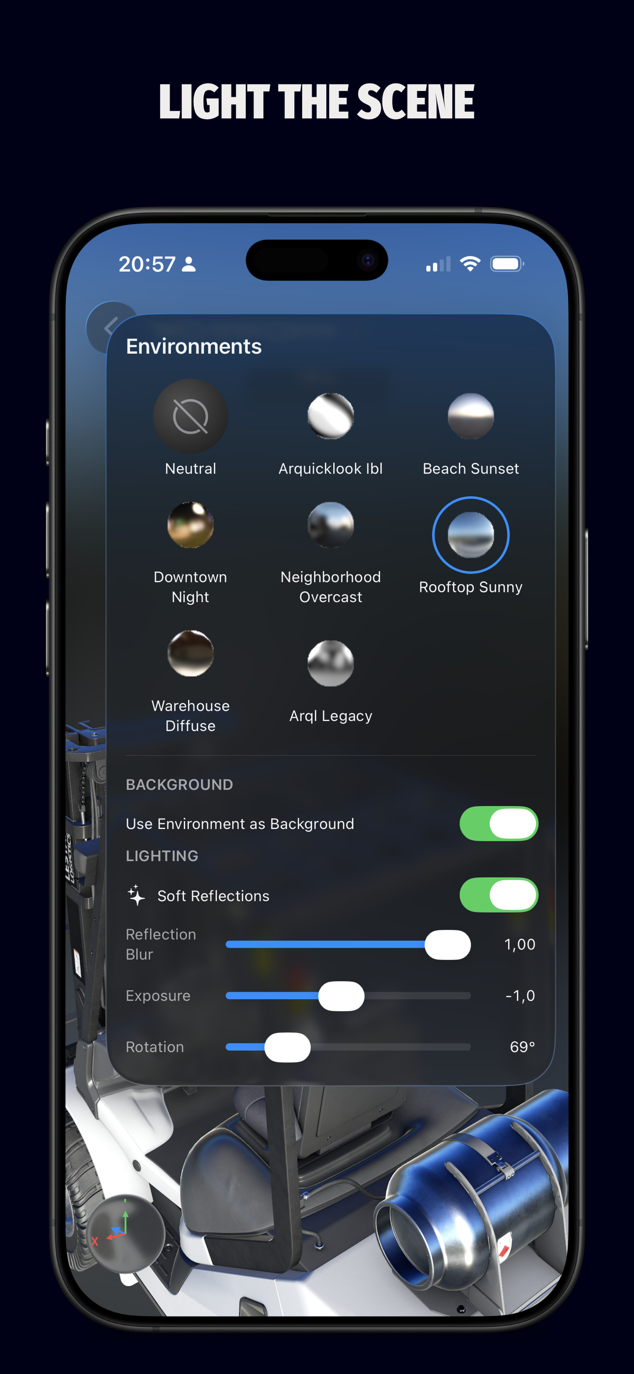Environment picker on iPhone with IBL lighting options