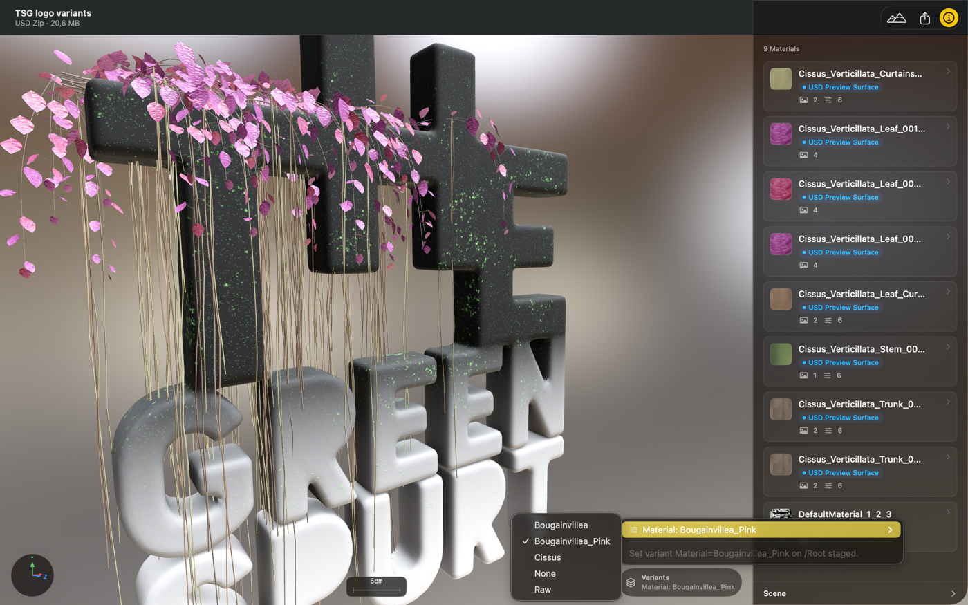Variant switching on a 3D text model with material selection